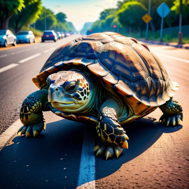 Photo of a tortoise in a shoes on the road