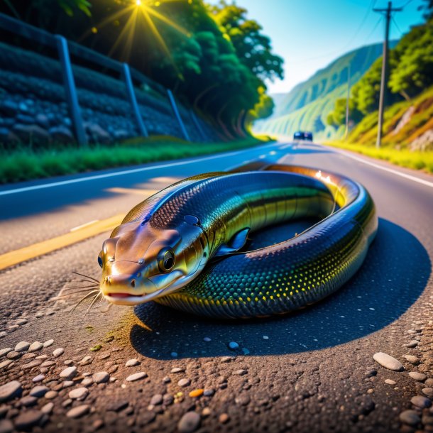 Imagem de um descanso de uma enguia na estrada