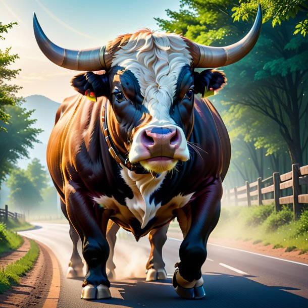 Illustration of a bull in a belt on the road