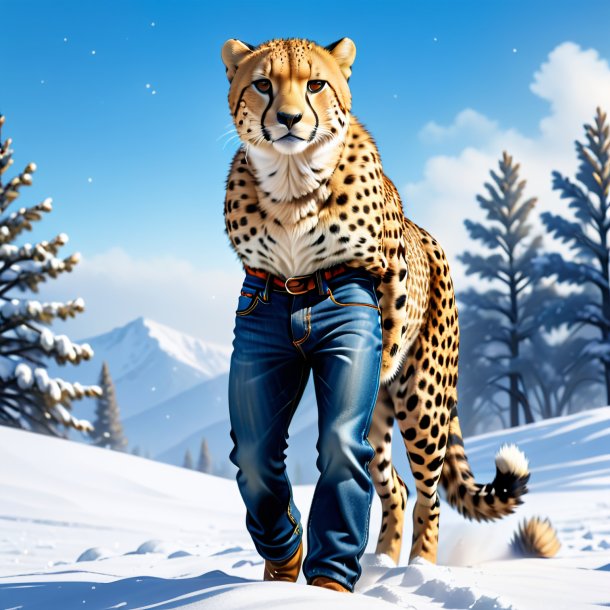 Illustration of a cheetah in a jeans in the snow