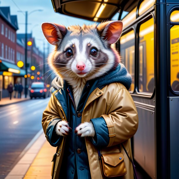 Photo d'un opossum dans un manteau sur l'arrêt de bus