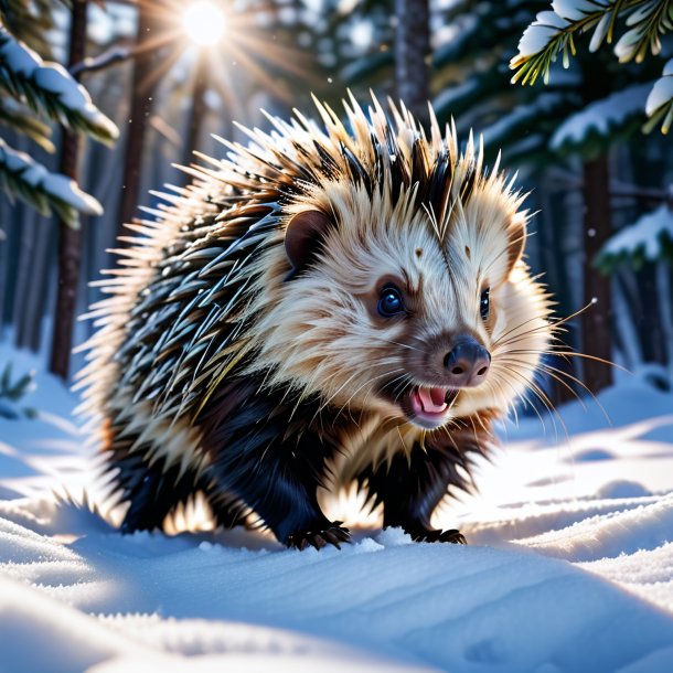 Image of a playing of a porcupine in the snow