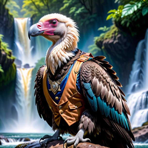 Photo of a vulture in a vest in the waterfall