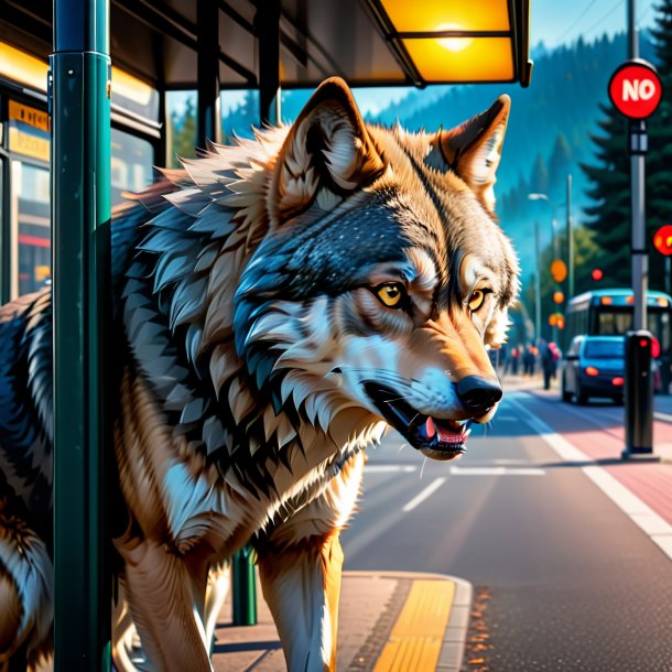 Fotos de um lobo furioso no ponto de ônibus