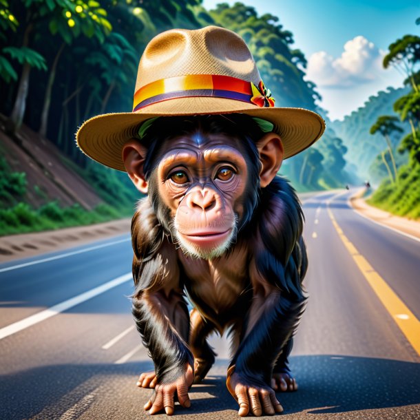 Photo of a chimpanzee in a hat on the road