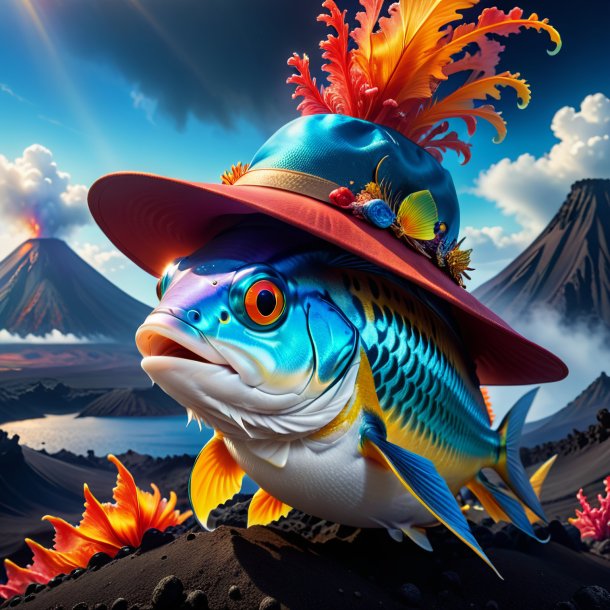 Image of a fish in a hat in the volcano