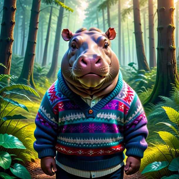 Picture of a hippopotamus in a sweater in the forest