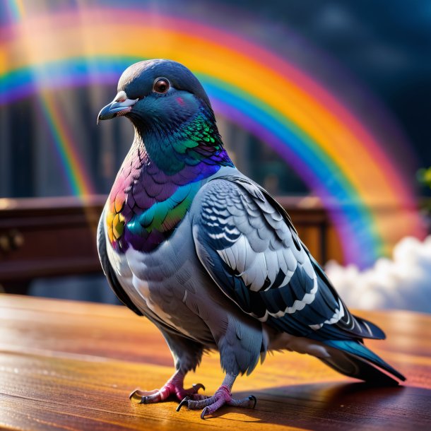 Foto de um pombo em um casaco no arco-íris