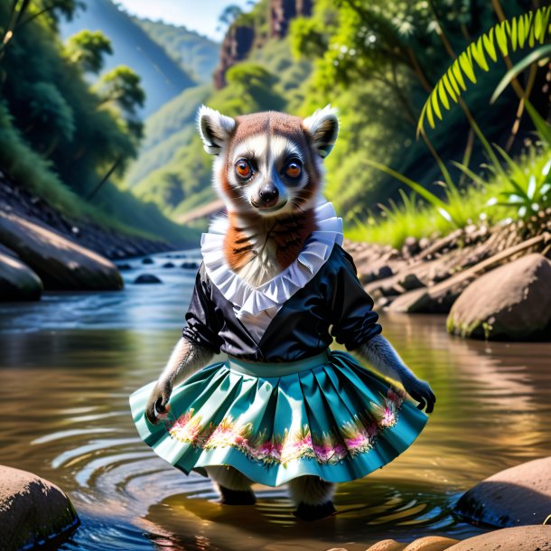 Photo of a lemur in a skirt in the river