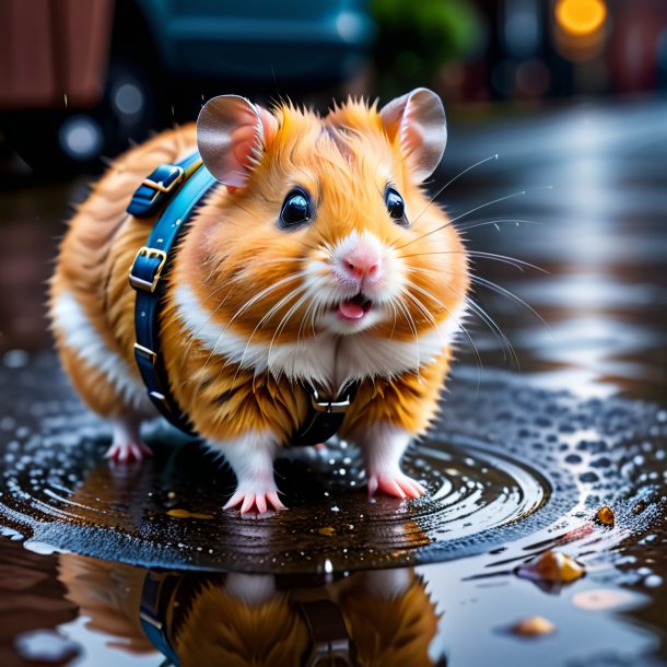 Picture of a hamster in a belt in the puddle