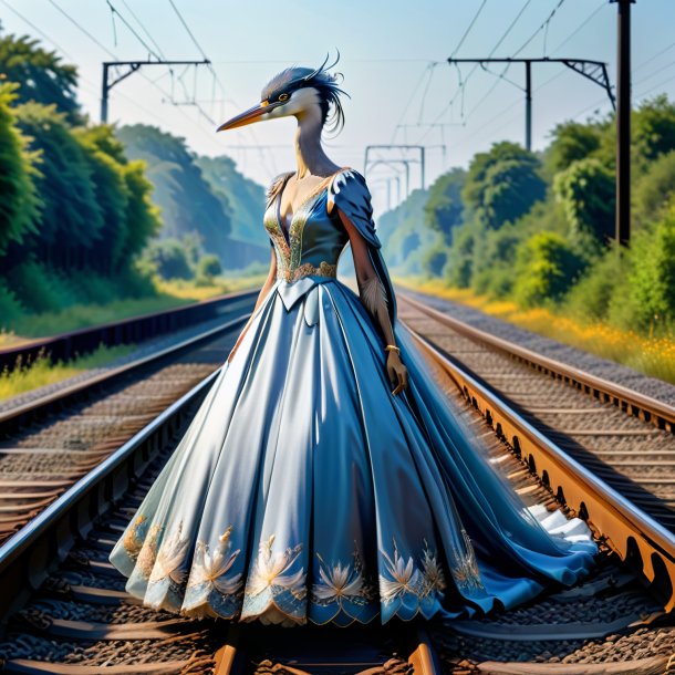 Foto de una garza en un vestido en las vías del tren