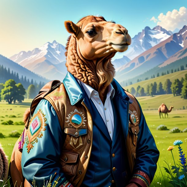 Drawing of a camel in a jacket in the meadow