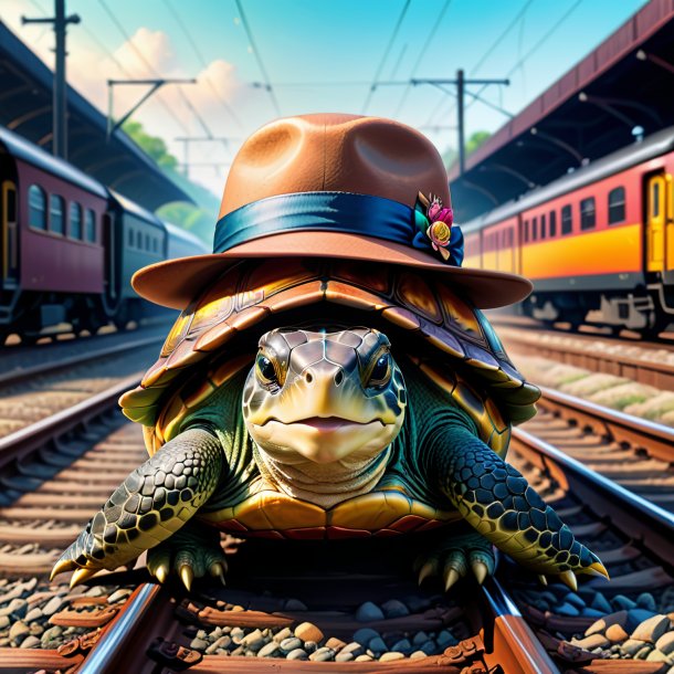 Dibujo de una tortuga en un sombrero en las vías del ferrocarril