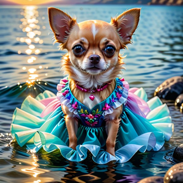 Imagem de um chihuahua em um vestido na água