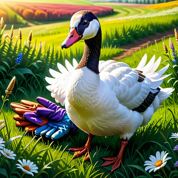 Illustration of a goose in a gloves in the meadow