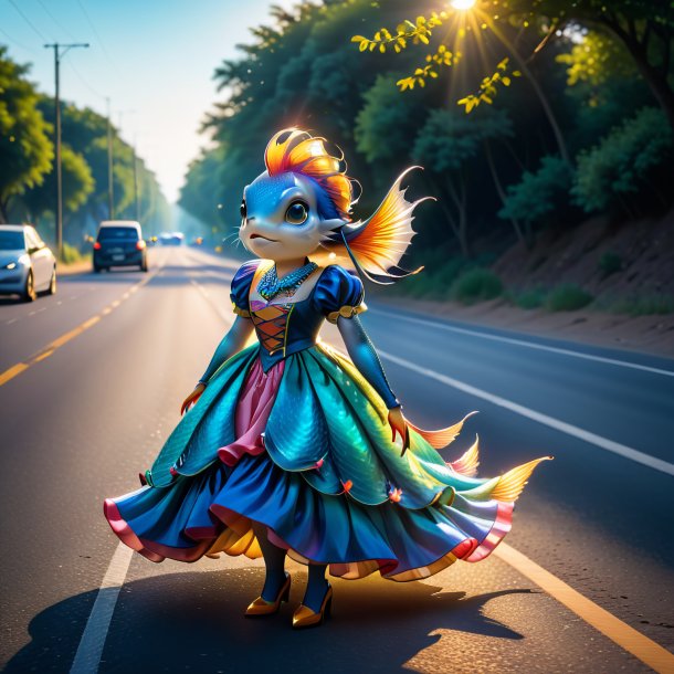 Pic of a fish in a dress on the road