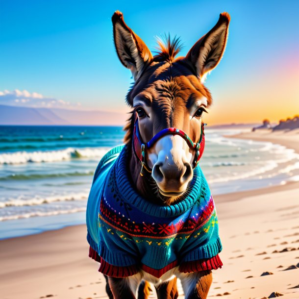 Photo of a donkey in a sweater on the beach