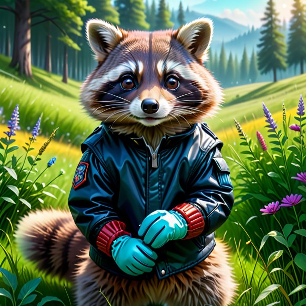 Drawing of a raccoon in a gloves in the meadow