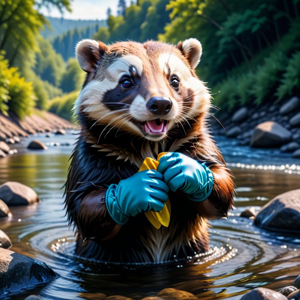 Foto de un tejón con guantes en el río