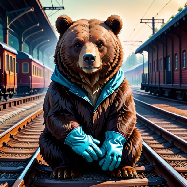 Drawing of a bear in a gloves on the railway tracks