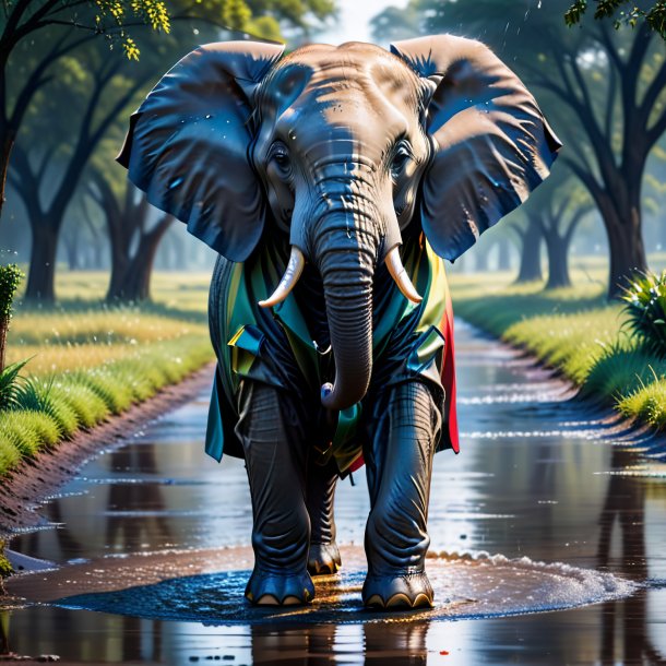 Image of a elephant in a coat in the puddle