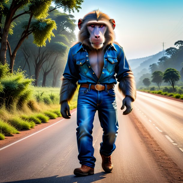 Pic of a baboon in a jeans on the road