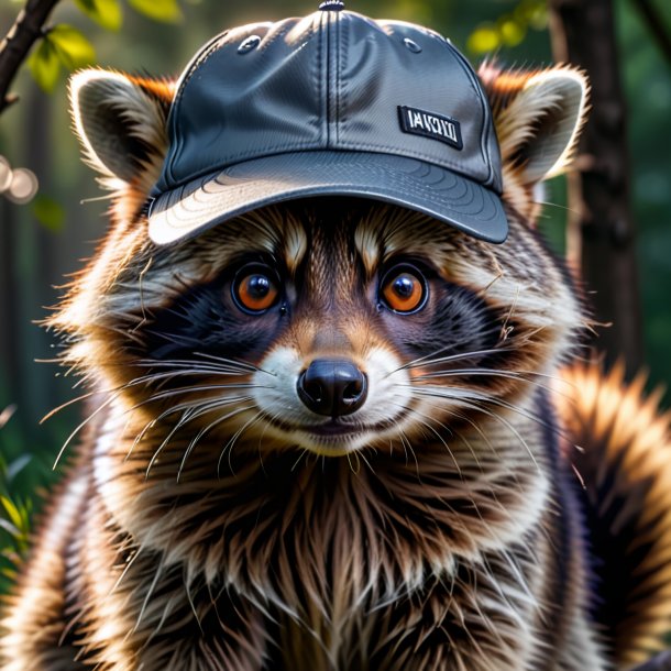 Picture of a raccoon in a gray cap