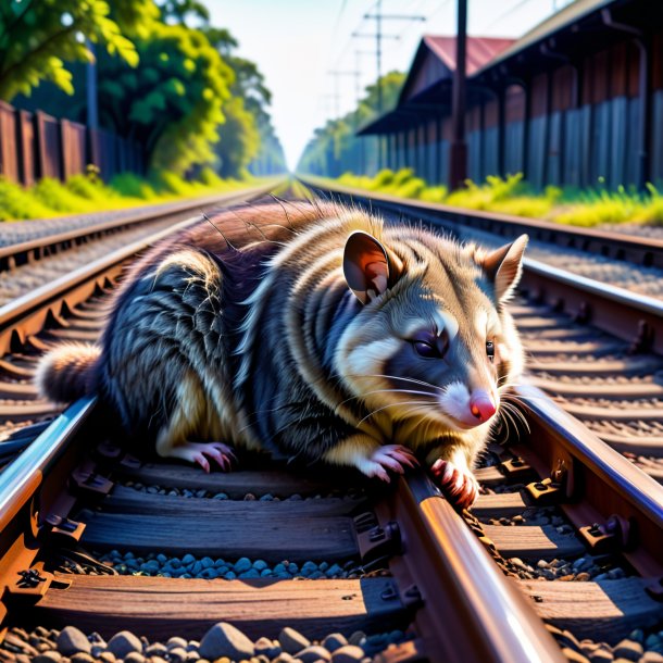 Foto de un sueño de una zarigüeya en las vías del ferrocarril