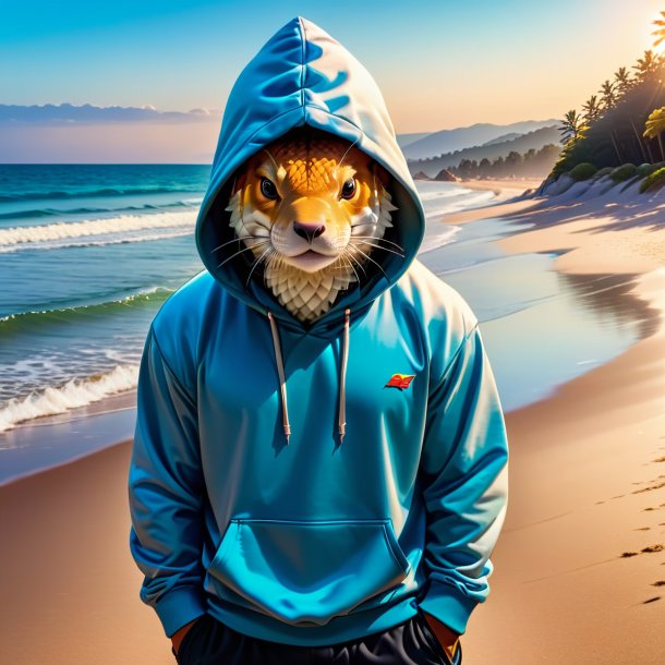 Uma carpa em um hoodie na praia