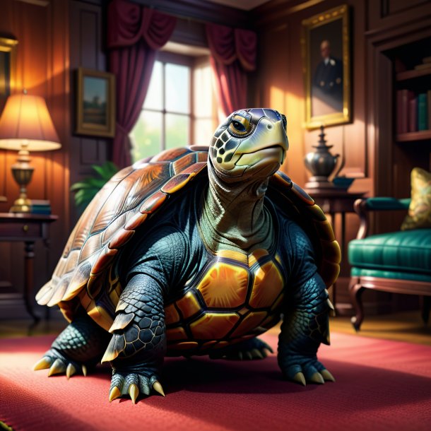 Illustration of a turtle in a coat in the house