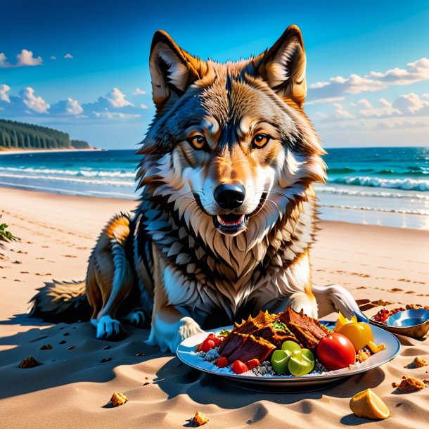 Photo of a eating of a wolf on the beach