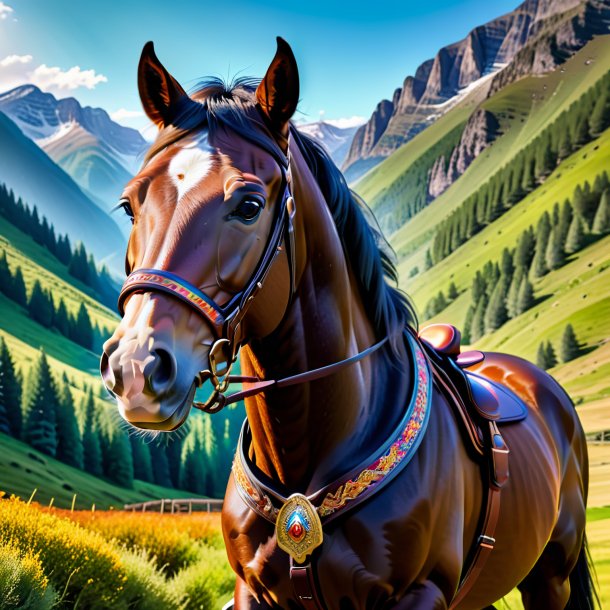 Foto de un caballo en un cinturón en las montañas