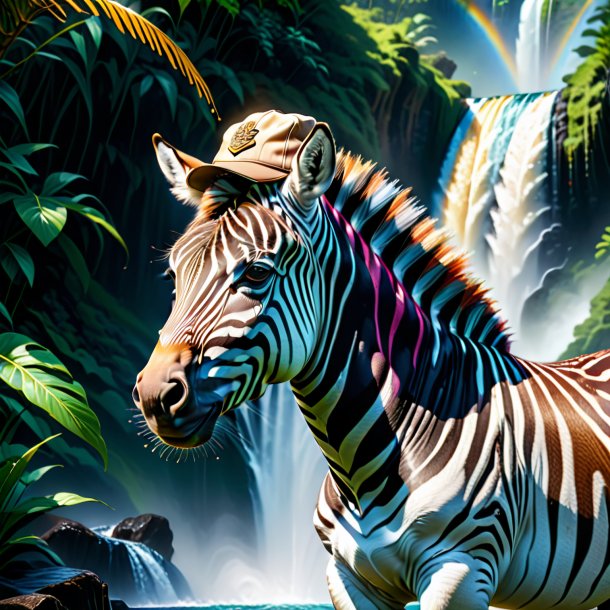 Illustration of a zebra in a cap in the waterfall