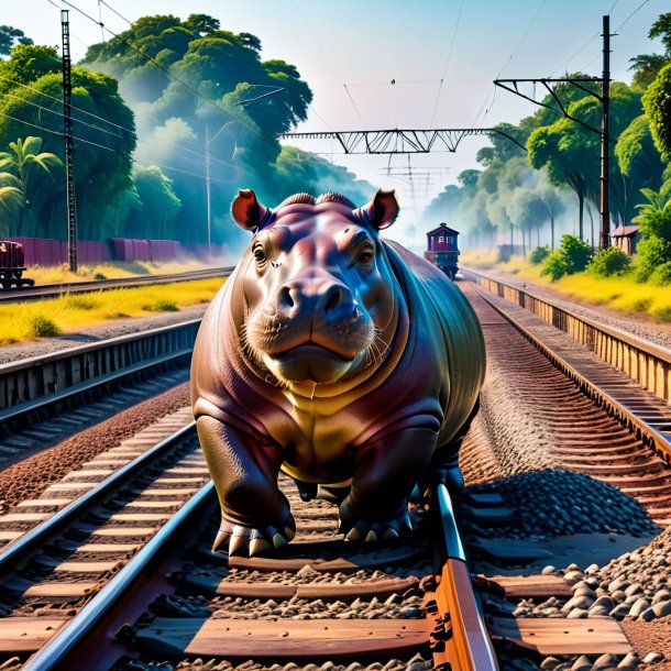 Foto de uma natação de um hipopótamo nos trilhos ferroviários