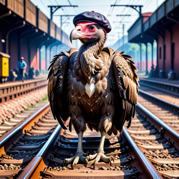 Picture of a vulture in a cap on the railway tracks