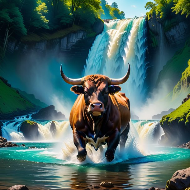 Picture of a swimming of a bull in the waterfall