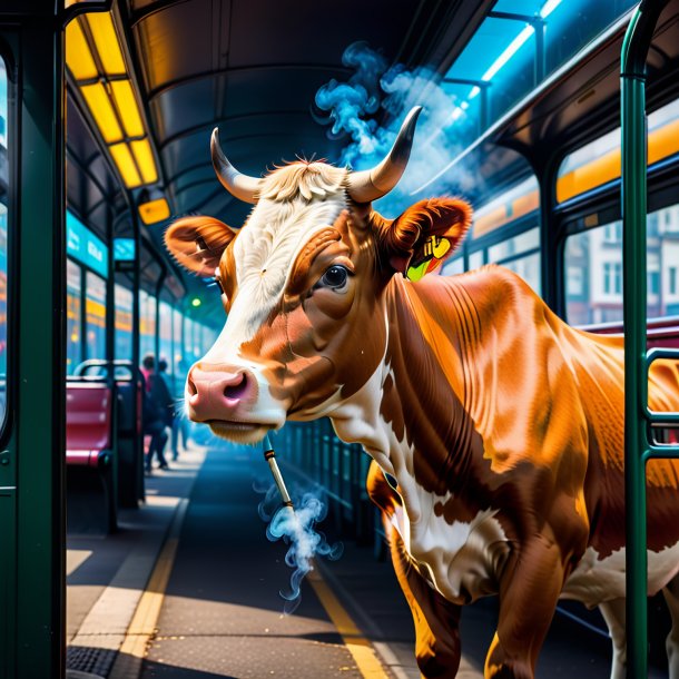 Uma foto de uma vaca fumando na parada de ônibus