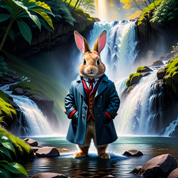 Photo of a rabbit in a coat in the waterfall