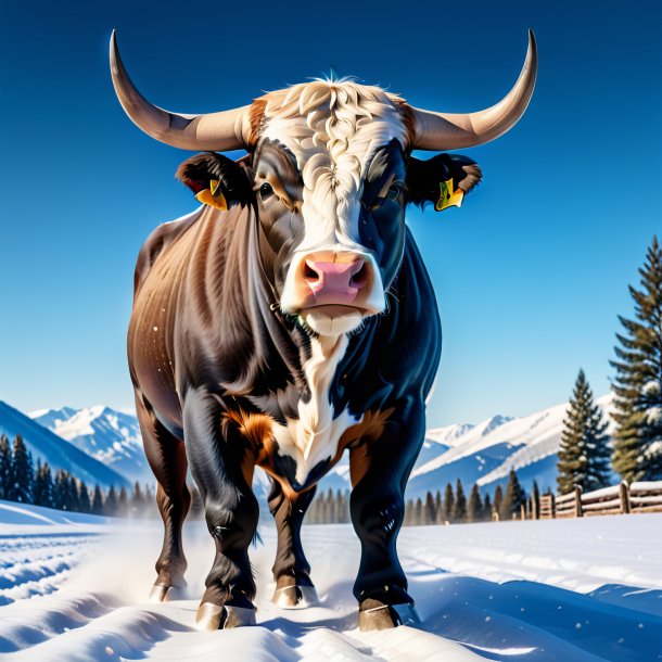 Photo of a bull in a jeans in the snow