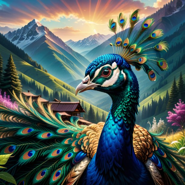 Drawing of a peacock in a cap in the mountains