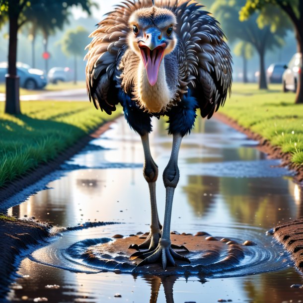 Photo of a ostrich in a jeans in the puddle