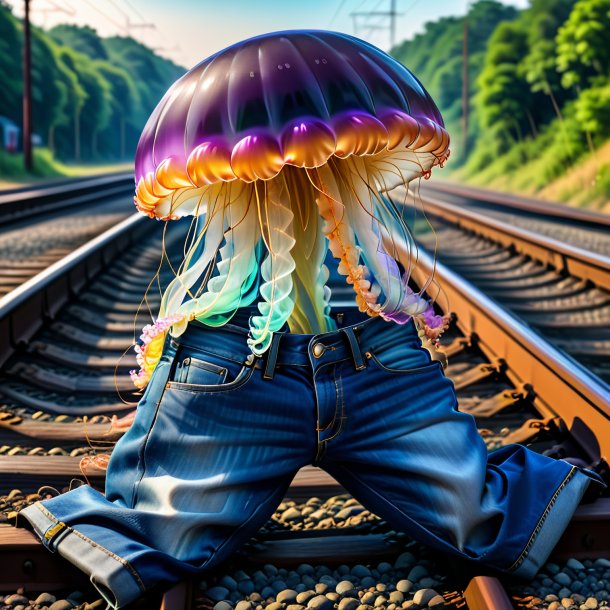 Imagen de una medusa en jeans en las vías del ferrocarril