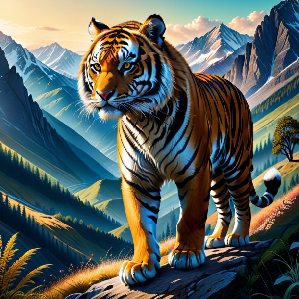 Drawing of a tiger in a trousers in the mountains