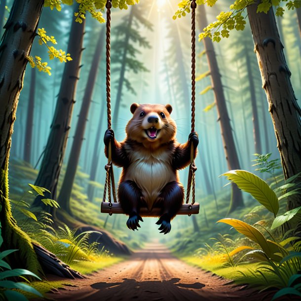 Image of a swinging on a swing of a beaver in the forest