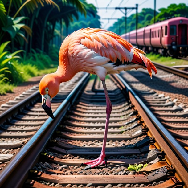 Imagem de um comer de um flamingo nos trilhos ferroviários