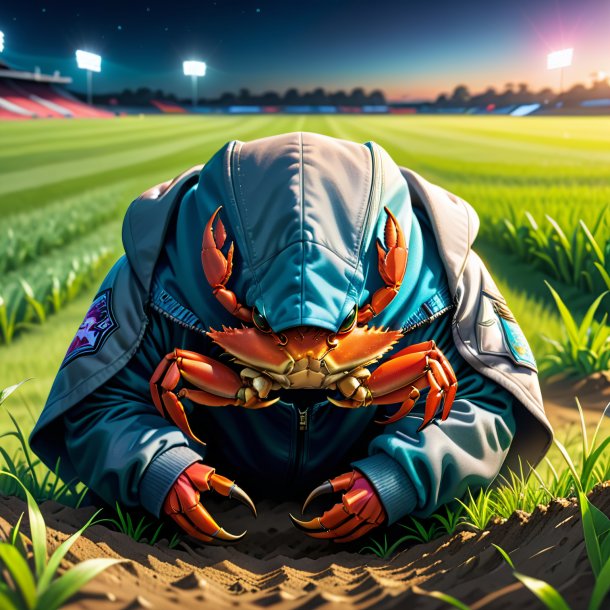 Drawing of a crab in a hoodie on the field