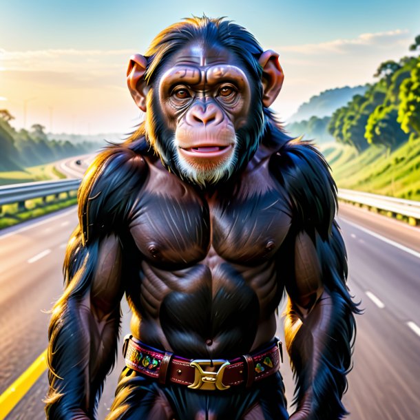 Image of a chimpanzee in a belt on the highway