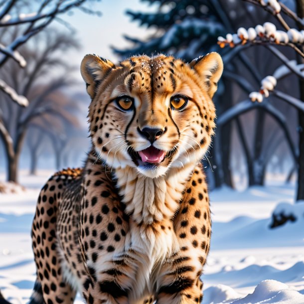 Photo of a smiling of a cheetah in the snow