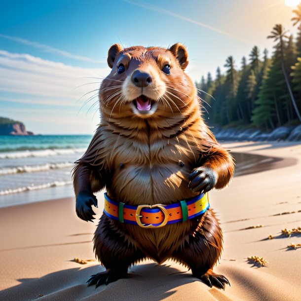 Image of a beaver in a belt on the beach