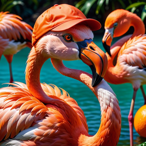 Foto de un flamenco en una gorra naranja